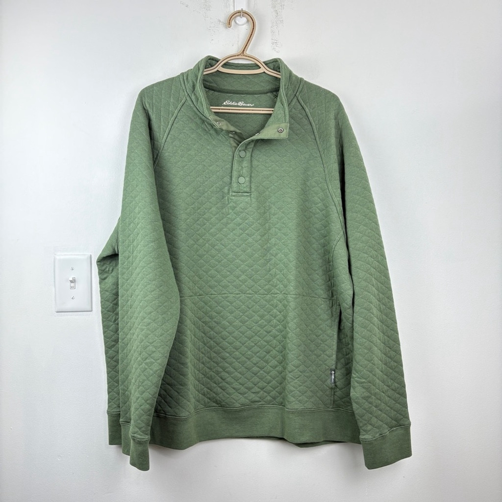 Eddie Bauer Green Quilted Henley Button Snap Pullover